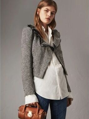 Burberry Gray Herringbone Ruffle-Trim Moto Jacket